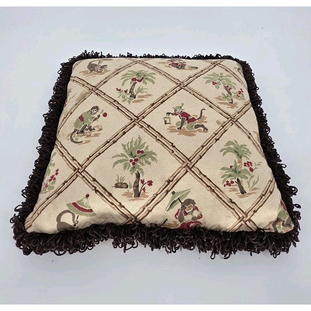 Vintage Asian Chinoiserie‎ Tropical Monkey Throw Pillow 16" Ruffled Palm Tree